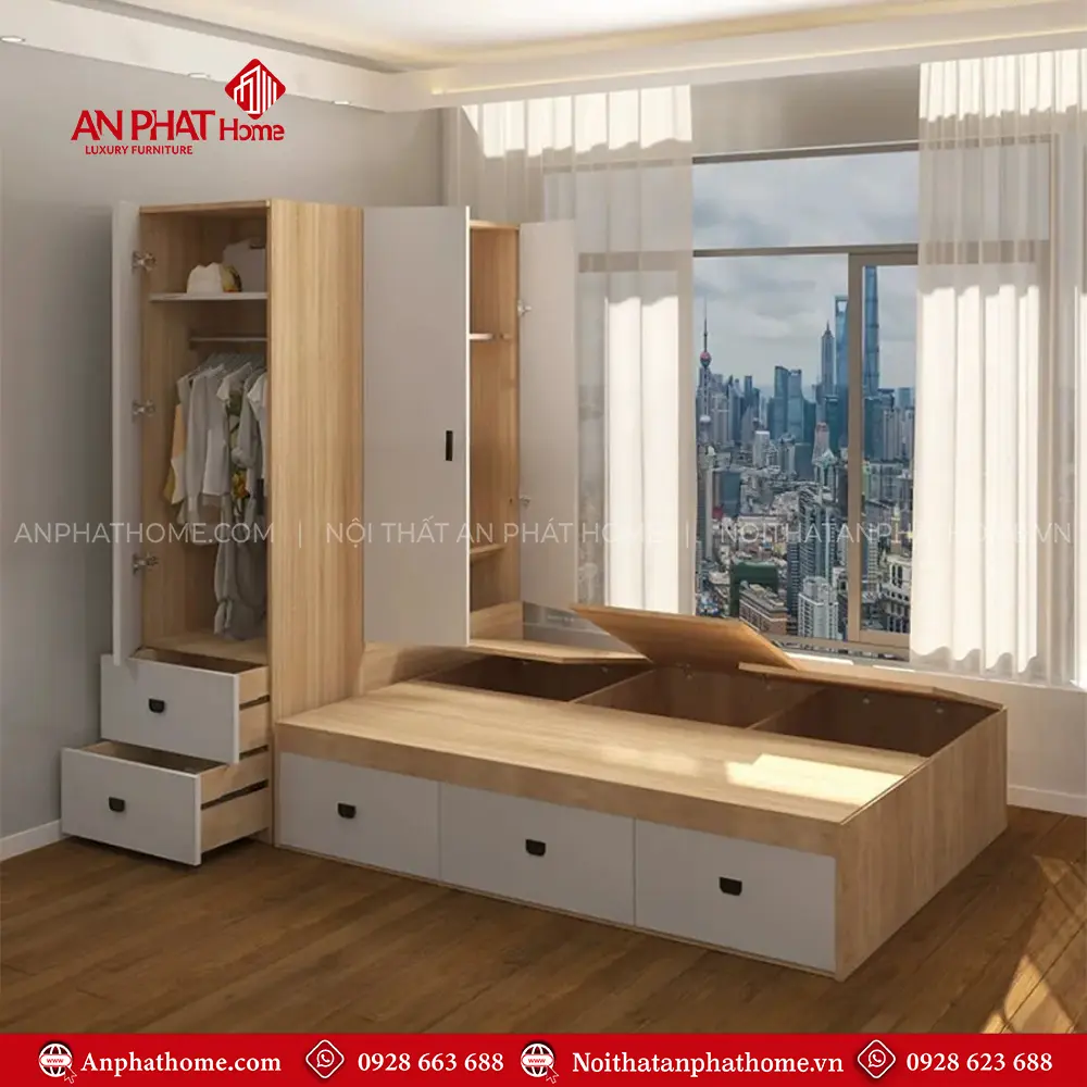 Giường Ngủ Gỗ Liền Tủ Quần Áo Hiện Đại GN-350 8 Giường Ngủ Gỗ Liền Tủ Quần Áo Hiện Đại GN-350