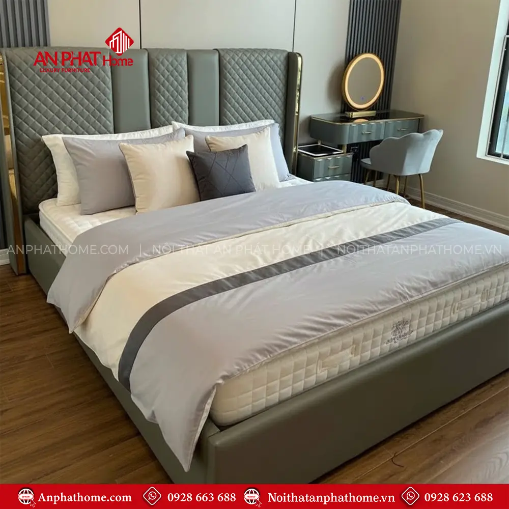 Mẫu Giường Ngủ Bọc Da Viền Vàng Cao Cấp GN-270 6 Mẫu Giường Ngủ Bọc Da Viền Vàng Cao Cấp GN-270