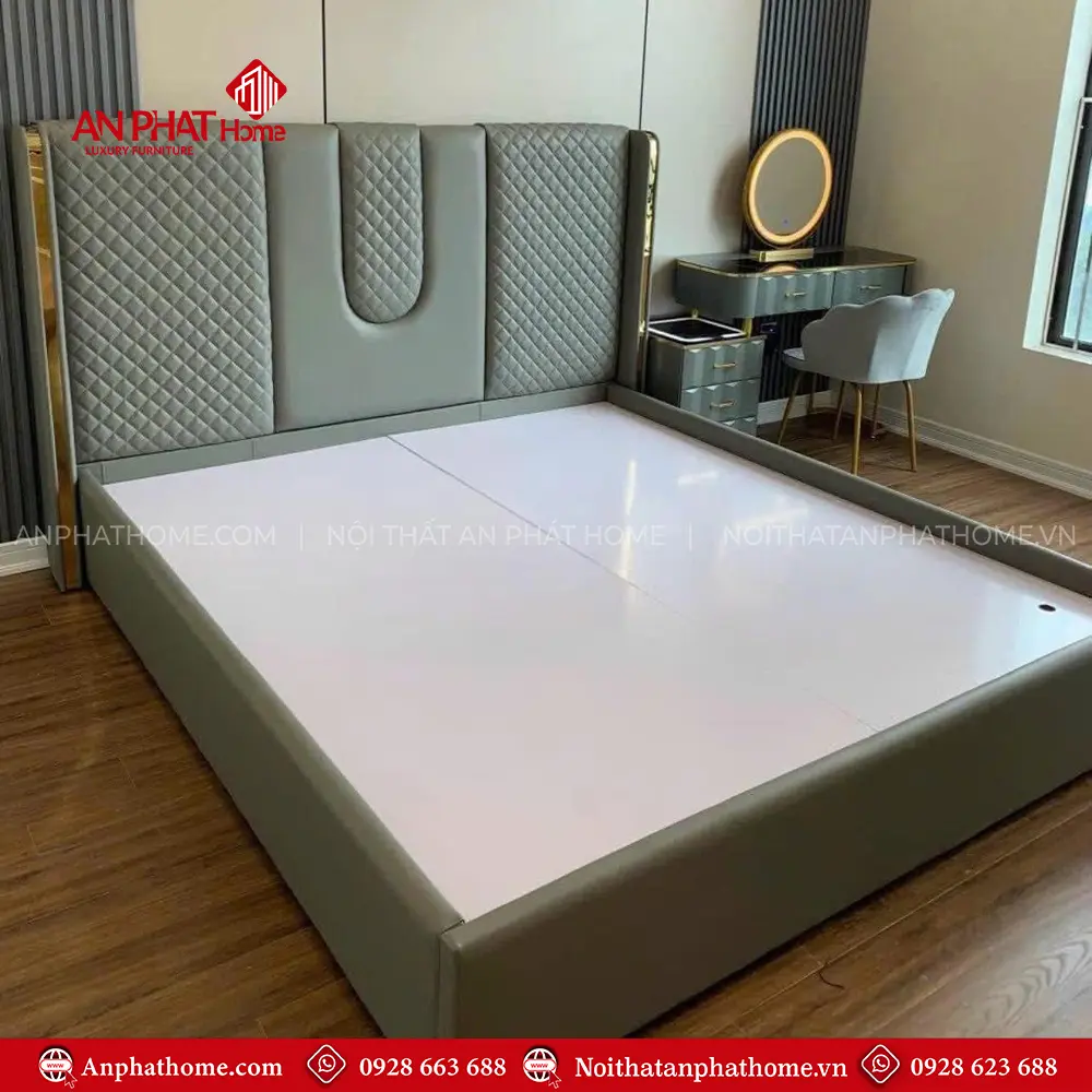 Mẫu Giường Ngủ Bọc Da Viền Vàng Cao Cấp GN-270 5 Mẫu Giường Ngủ Bọc Da Viền Vàng Cao Cấp GN-270