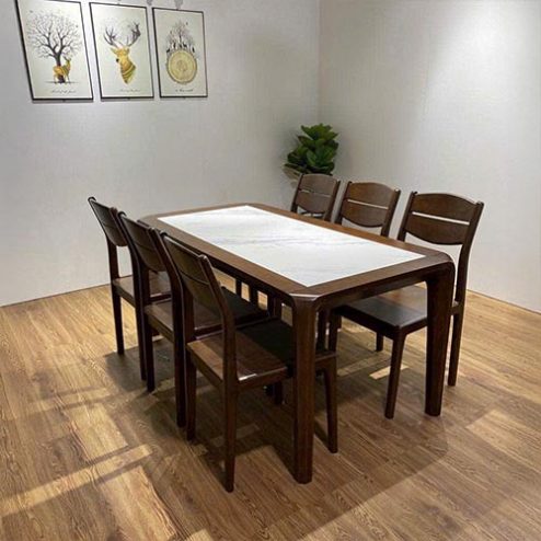 Bàn Ăn Gỗ Sồi Mặt Đá 6 Ghế Hiện Đại BA-2039