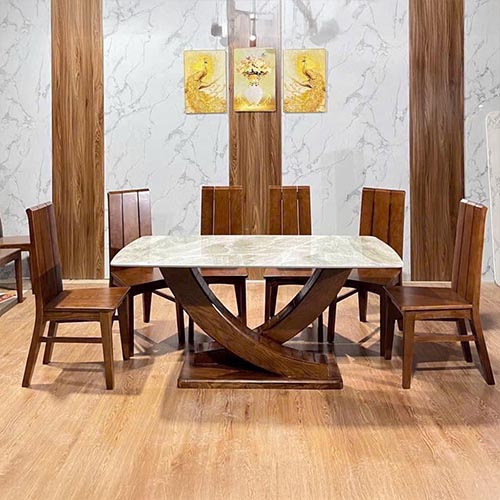 Bộ Bàn Ăn 6 Ghế Gỗ Sồi Mặt Đá Ceramic Sang Trọng BA-2030