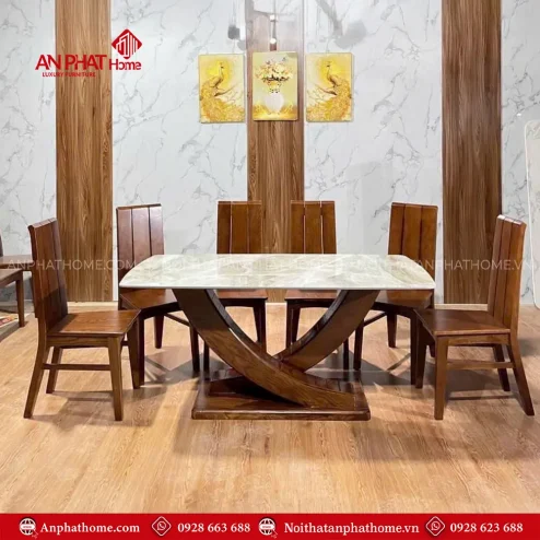 Bộ Bàn Ăn 6 Ghế Gỗ Sồi Mặt Đá Ceramic Sang Trọng BA-2030