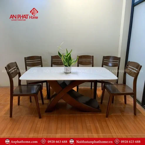 Bộ Bàn Ăn Gỗ Sồi Mặt Đá 6 Ghế Chân Chữ X Đẹp BA-2058