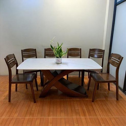 Bộ Bàn Ăn Gỗ Sồi Mặt Đá 6 Ghế Chân Chữ X Đẹp BA-2058