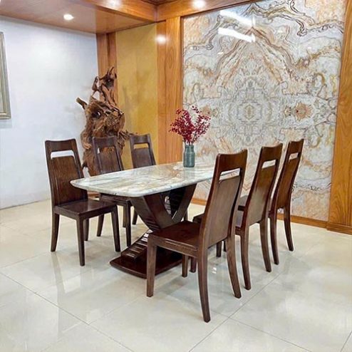 Bộ Bàn Ăn Gỗ Sồi Mặt Đá Ceramic 6 Ghế BA-2029