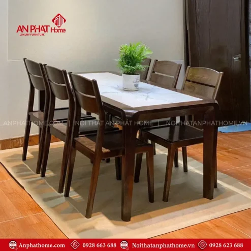 Bộ Bàn Ăn Gỗ Sồi Nga 6 Ghế Mặt Đá Ceramic BA-2038