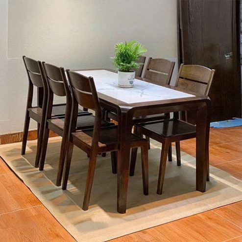 Bộ Bàn Ăn Gỗ Sồi Nga 6 Ghế Mặt Đá Ceramic BA-2038