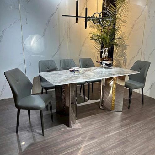 Bộ Bàn Ăn Mặt Đá Chân Inox 6 Ghế Nhập Khẩu BA-2016