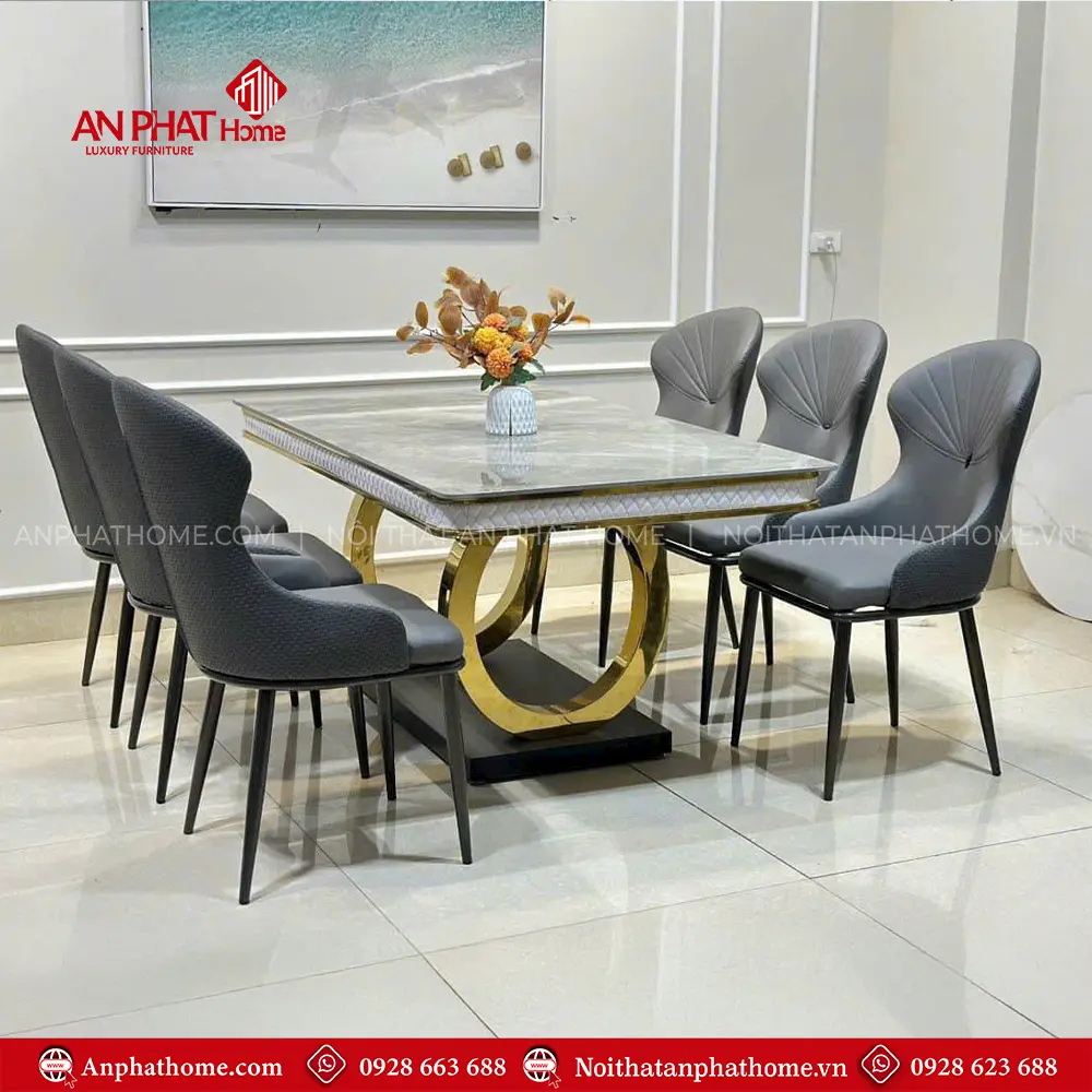 Bộ Bàn Ăn Mặt Đá Kèm Ghế Da Nhập Khẩu Hiện Đại BA-1938 10 Bộ Bàn Ăn Mặt Đá Kèm Ghế Da Nhập Khẩu Hiện Đại BA-1938