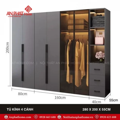 Thiết kế tủ quần áo cánh kính cho người lớn