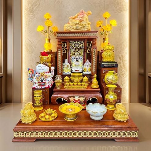 Bàn Thần Tài Cao Cấp Đủ Đồ Thờ Men Gấm Vàng BT-2735