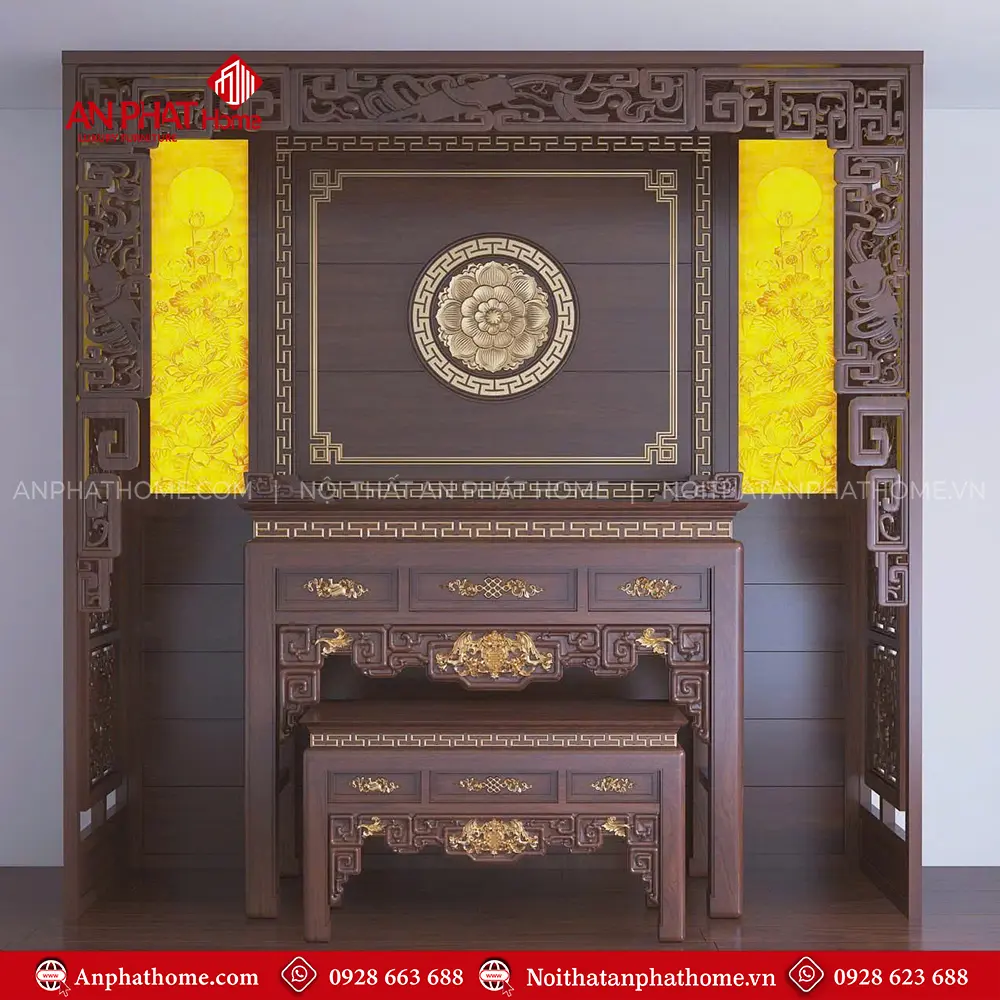 Bàn Thờ Dát Vàng Kết Hợp Vách Ốp Gỗ Gụ Cao Cấp BT-2327 3 Bàn Thờ Dát Vàng Kết Hợp Vách Ốp Gỗ Gụ Cao Cấp BT-2327
