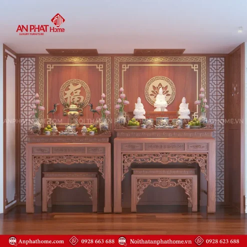 Bàn Thờ Phật Kết Hợp Gia Tiên Gỗ Gõ Đỏ BT-2337