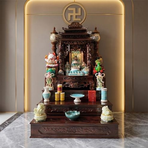 Bàn Thờ Thần Tài 3 Mái Kết Hợp Bệ Tam Cấp Gỗ Sồi Đủ Đồ Thờ BT-2714