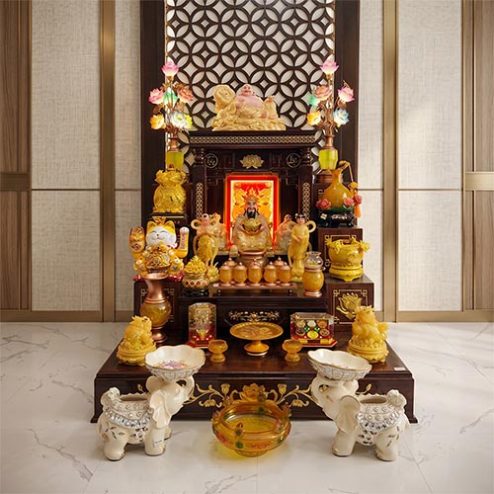 Bàn Thờ Thần Tài Thổ Địa Mái Bằng Đồ Thờ Lưu Ly Cao Cấp BT-2738