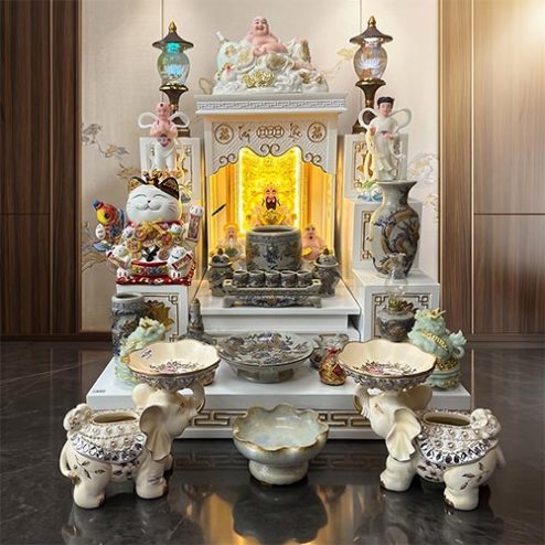 Bàn Thờ Thần Tài Thổ Địa Trắng Mái Bằng Đồ Thờ Men Rạn Bát Tràng BT-2730