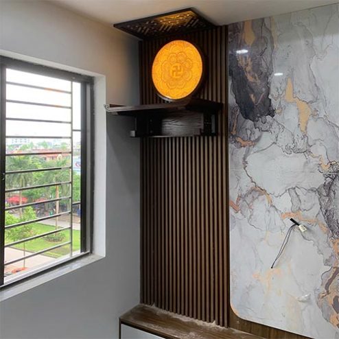Bàn Thờ Treo Tường Chung Cư Kết Hợp Vách Gỗ Nan Sóng BT-2666
