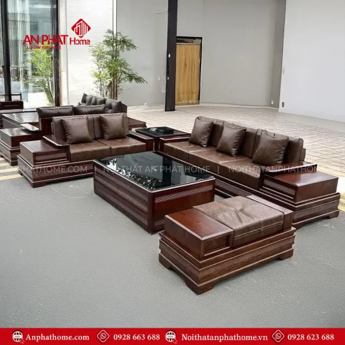 Bộ Bàn Ghế Sofa Gỗ Sồi Nga Sơn Màu Óc Chó Sang Trọng F-1330