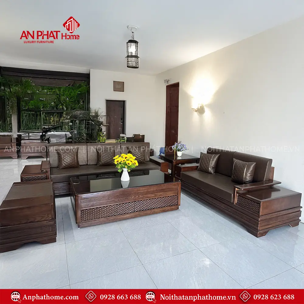 Bộ Bàn Ghế Sofa Góc Gỗ Sồi Hiện Đại F-1302 5 Bộ Bàn Ghế Sofa Góc Gỗ Sồi Hiện Đại F-1302