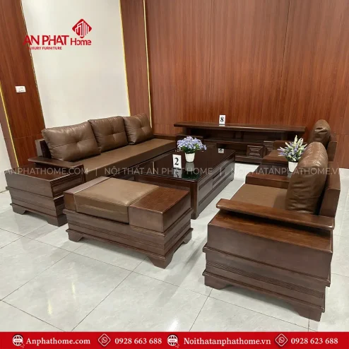 Bộ Sofa Gỗ Sồi Mẫu Đối Xứng Sơn Màu Óc Chó Hiện Đại F-1307