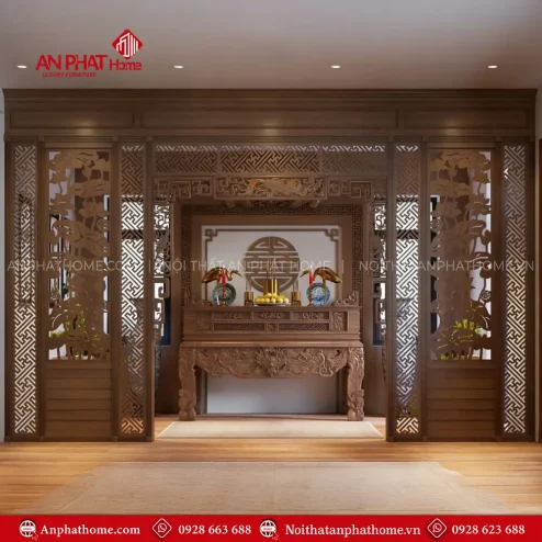 Cửa Võng Phòng Thờ Kết Hợp Vách Ốp Sau VN-4386