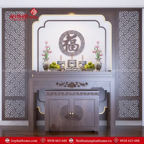 Không Gian Thờ Gia Tiên Kết Hợp Vách Ốp Gỗ Đẹp BT-2595