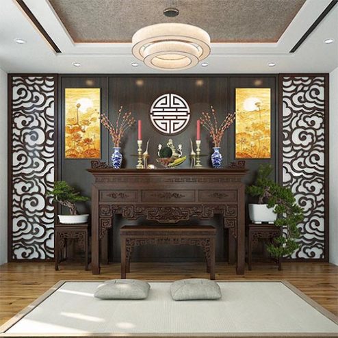 Không Gian Thờ Hiện Đại Kết Hợp Tranh Trúc Chỉ BT-2456