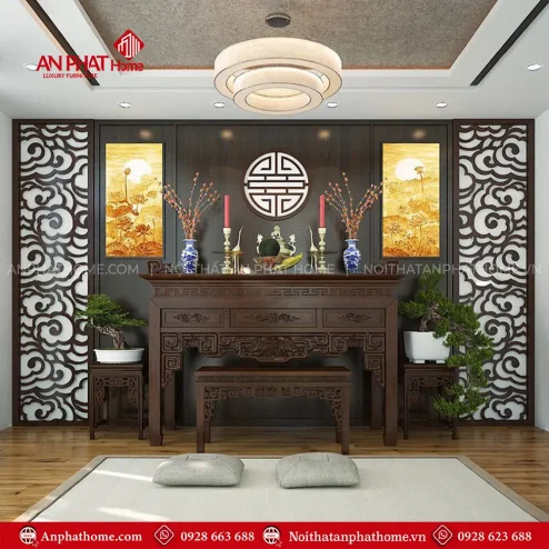 Không Gian Thờ Hiện Đại Kết Hợp Tranh Trúc Chỉ BT-2456