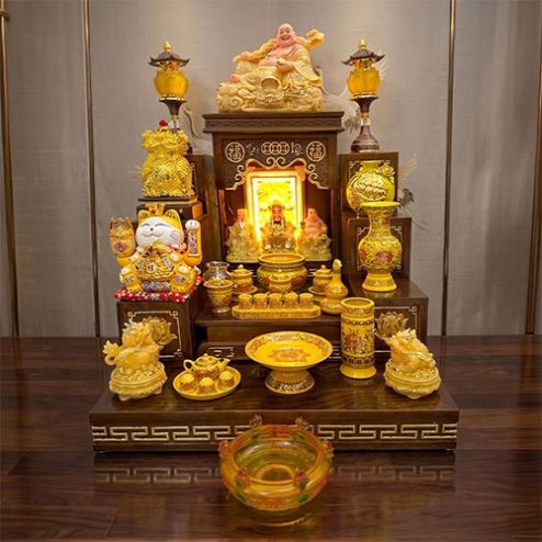 Mẫu Bàn Thờ Thần Tài Mái Bằng Đẹp Đủ Đồ Thờ BT-2704