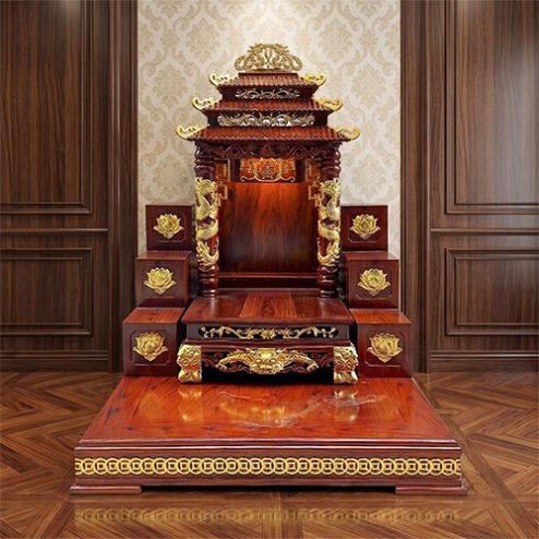 Mẫu Bàn Thờ Thần Tài Mái Chùa Cột Song Long Dát Vàng BT-2716