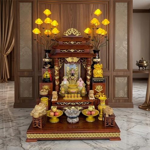 Mẫu Bàn Thờ Thần Tài Mái Chùa Đủ Đồ Thờ Cao Cấp BT-2679