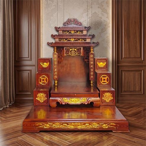 Mẫu Bàn Thờ Thần Tài Thổ Địa Dát Vàng 3 Mái Đẹp BT-2713