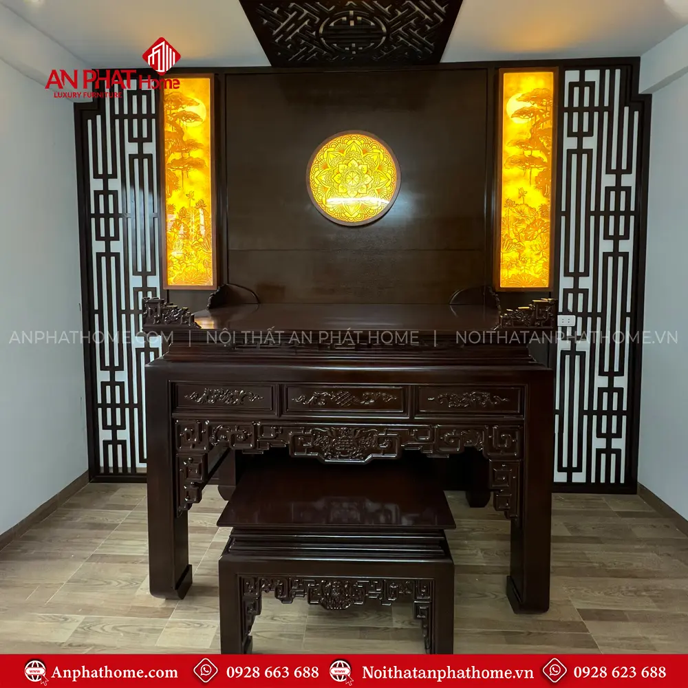 Mẫu Phòng Thờ Gia Tiên Gỗ Gụ Kết Hợp Vách MDF BT-2567 7 Mẫu Phòng Thờ Gia Tiên Gỗ Gụ Kết Hợp Vách MDF BT-2567