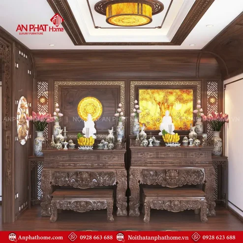 Phòng Thờ Cao Cấp Phật Kết Hợp Gia Tiên Gỗ Gụ BT-2323
