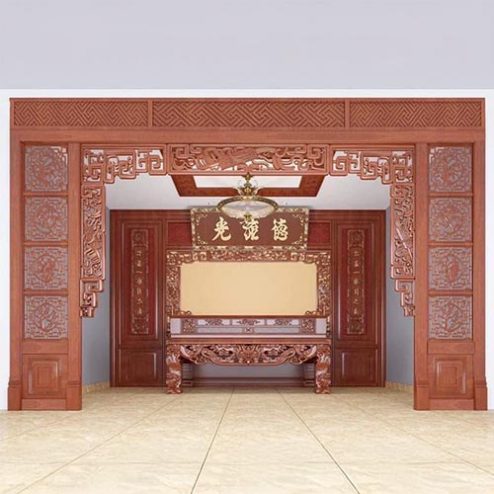 Vách Ốp Phòng Thờ Kết Hợp Cửa Vách Gỗ Hương Đá VN-4369