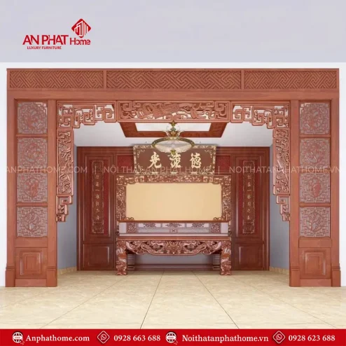 Vách Ốp Phòng Thờ Kết Hợp Cửa Vách Gỗ Hương Đá VN-4369