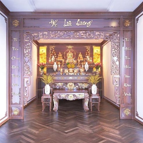 Vách Phòng Thờ Gỗ Gụ Dát Vàng Hiện Đại VN-4422