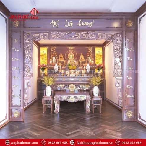 Vách Phòng Thờ Gỗ Gụ Dát Vàng Hiện Đại VN-4422
